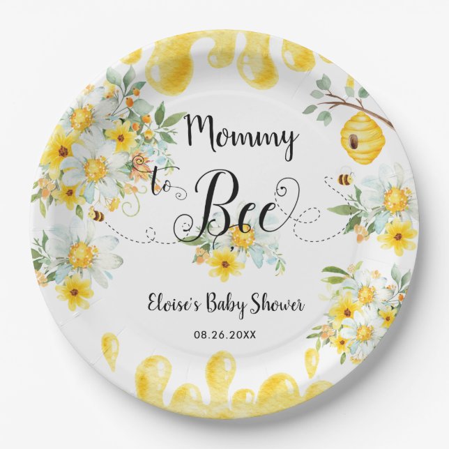 Cute Honey Bees Yellow Floral Baby Shower Paper Plates (Front)