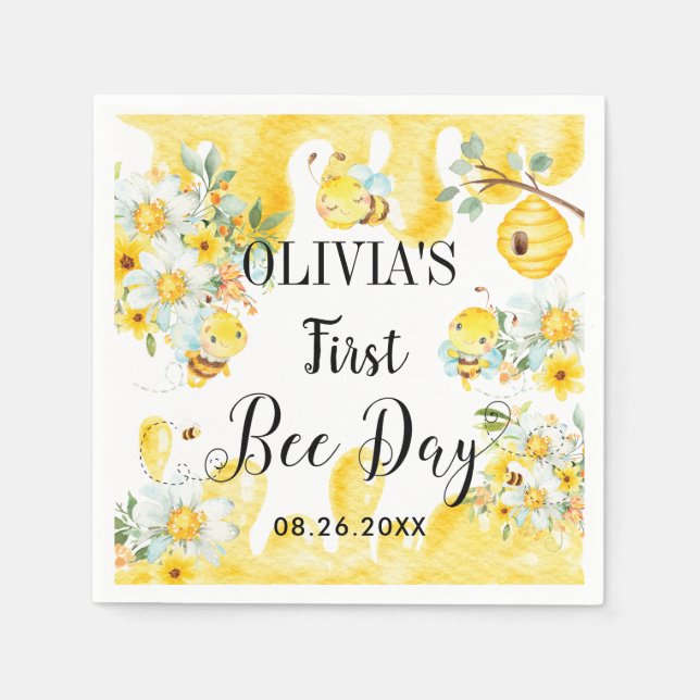 Cute Honey Bees Yellow Floral Birthday Napkins (Front)