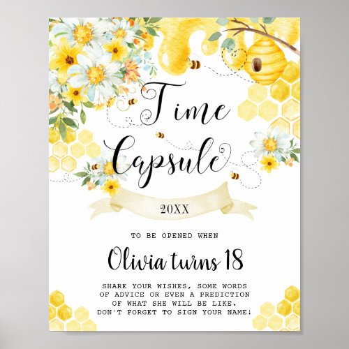 Cute Honey Bees Yellow Floral Time Capsule Sign