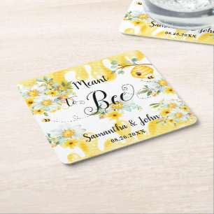 Cute Honey Bees Yellow Floral Wedding Meant to Bee Square Paper Coaster