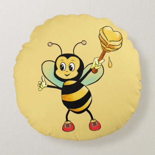 Cute Honey Bumble Bee with Heart on Golden Beige Round Pillow