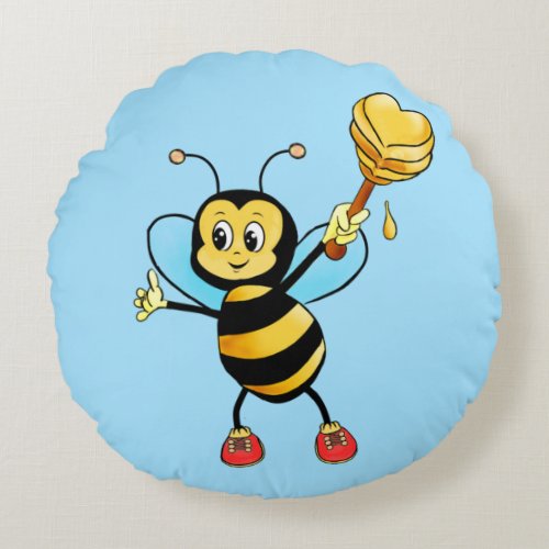 Cute Honey Bumble Bee with Heart on Light Blue Round Pillow