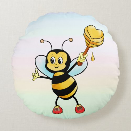 Cute Honey Bumble Bee with Heart on Pastel Color Round Pillow