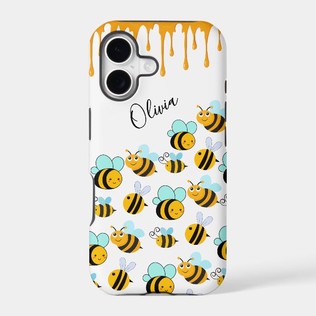 Cute Honey Bumblebees Monogram Name Iphone Case (Back)