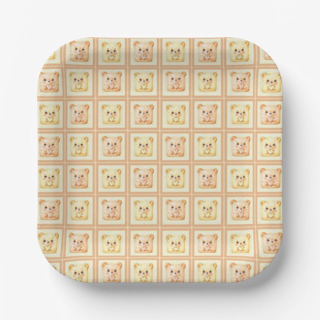 Cute Honey Patchwork cookie Teddy Bear Paper Plates (Front)