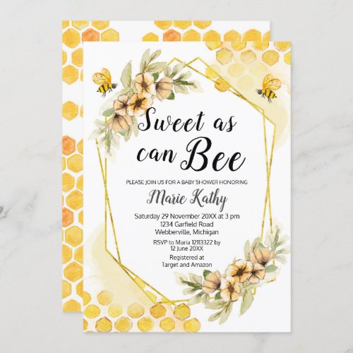 Cute Honey Sweet As Can Bee Baby Shower Invitation