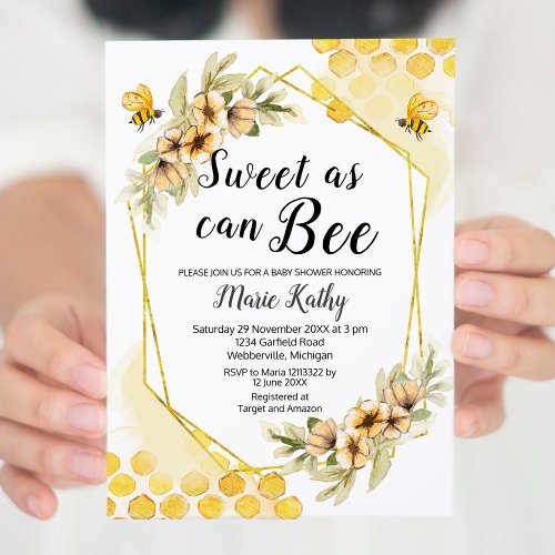 Cute Honey Sweet As Can Bee Baby Shower Invitation