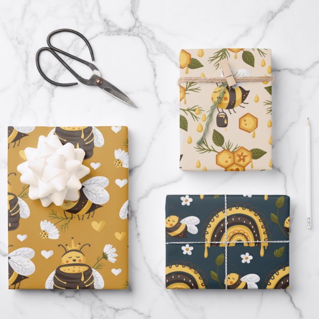 Cute Honeybees Honeycomb  Wrapping Paper Sheets (Front)