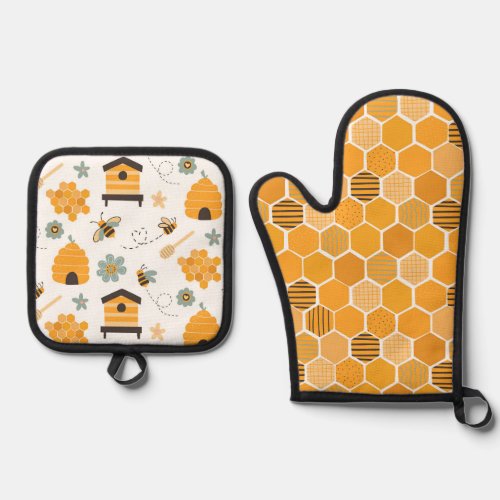 Cute Honeycomb Happy Funny Bee Yellow Pattern Oven Mitt  Pot Holder Set