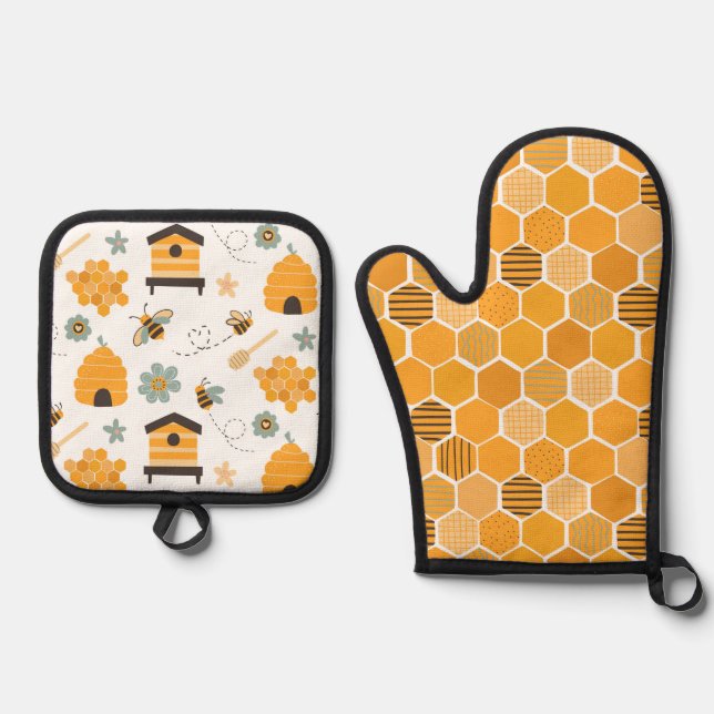 Cute Honeycomb Happy Funny Bee Yellow Pattern Oven Mitt & Pot Holder Set (Front)