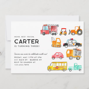 Cute Honk Beep Vroom Transportation Kids Birthday Invitation