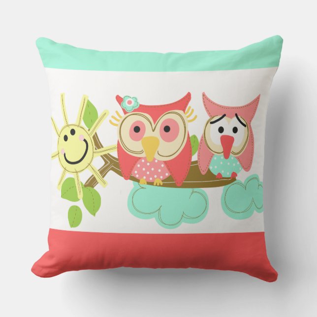 Cute Hoot Owls on Branch Animals Sunshine Outdoor Pillow (Front)