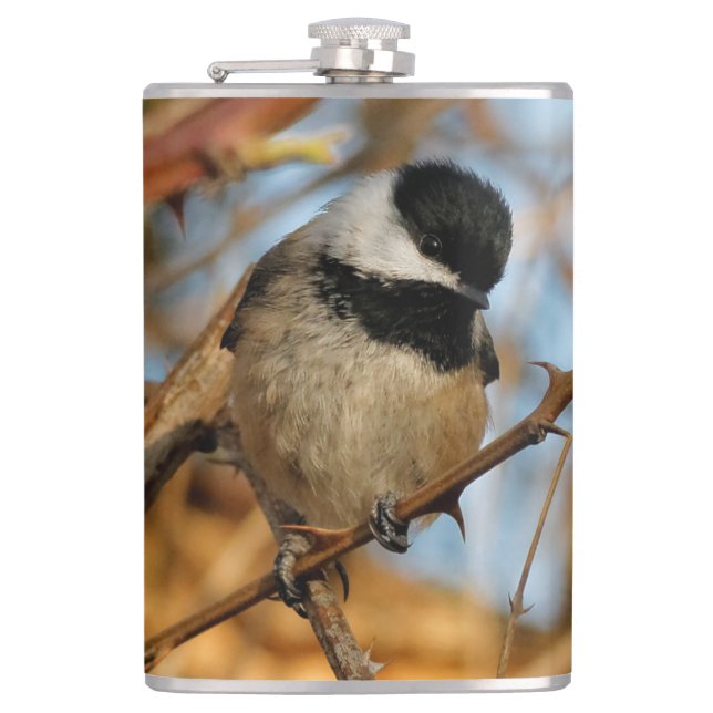 Cute Hopeful Black-Capped Chickadee Songbird Hip Flask (Front)
