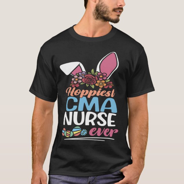 Cute Hoppiest CMA Nurse Ever Bunny Ear Red Plaid E T-Shirt (Front)