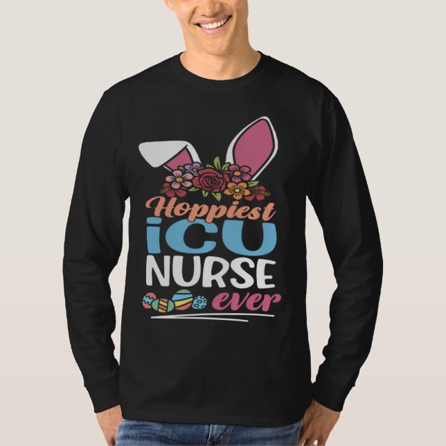 Cute Hoppiest ICU Nurse Ever Bunny Ear Red Plaid E T-Shirt (Front)