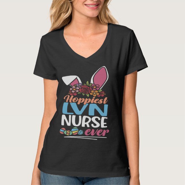 Cute Hoppiest LVN Nurse Ever Bunny Ear Red Plaid E T-Shirt (Front)