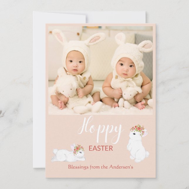 Cute Hoppy Easter Bunny Rabbit Photo Holiday Card (Front)