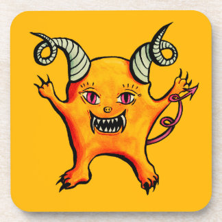 Cute Horned Demon Cartoon Monster Kids Yellow Beverage Coaster