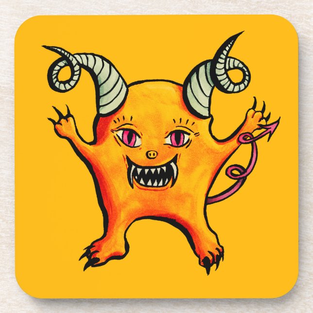 Cute Horned Demon Cartoon Monster Kids Yellow Beverage Coaster (Front)