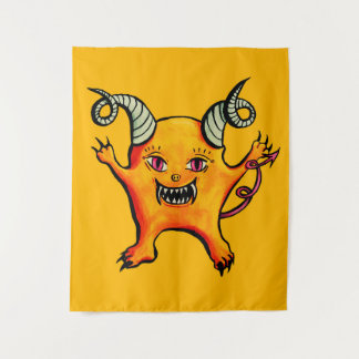 Cute Horned Demon Cartoon Monster Kids Yellow Tapestry