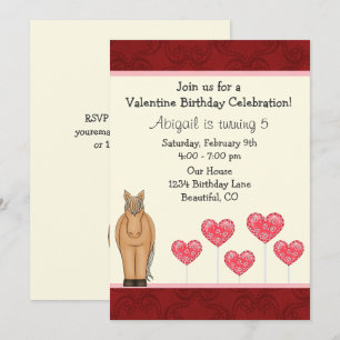 Cute Horse and Hearts Valentine Birthday Invite