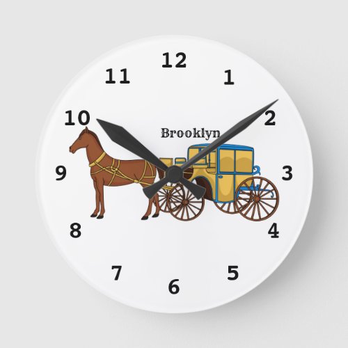 Cute horse and royal carriage illustration round clock