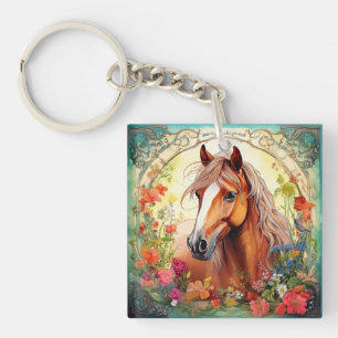 Cute Horse and Wildflowers Keychain