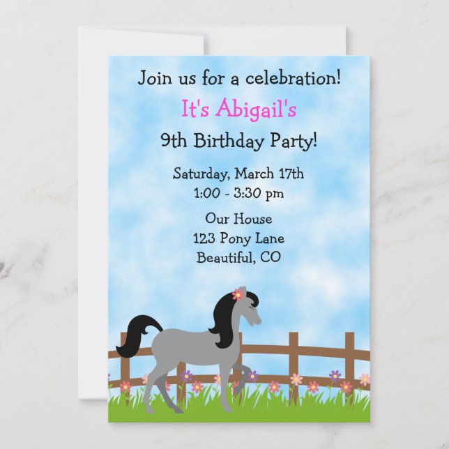 Cute Horse Birthday Invitation for Girls (Front)