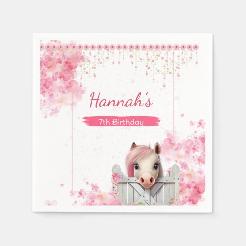 Cute Horse Birthday Party Pink Floral Custom Napkins