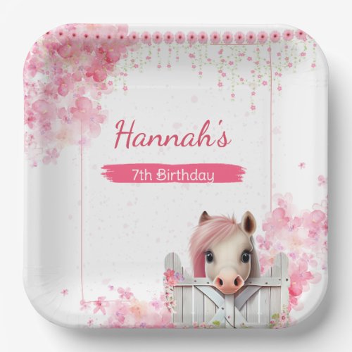 Cute Horse Birthday Party Pink Floral Personalized Paper Plates