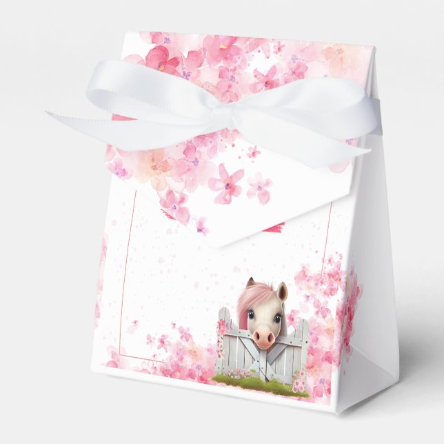 Cute Horse Birthday Pink Floral Personalized  Favor Boxes (Front Side)