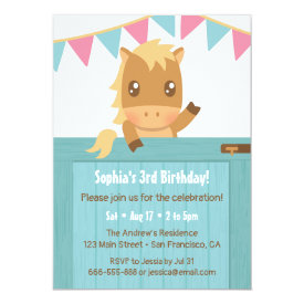 Cute Horse Blue Stable Girls Birthday Party Invitation