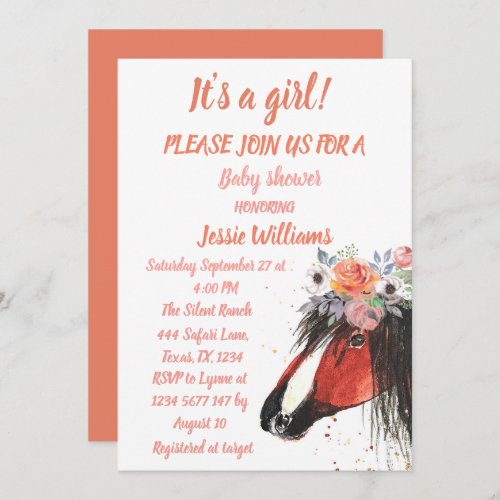 Cute Horse Boho Ranch Baby Girl Western Floral Inv Invitation