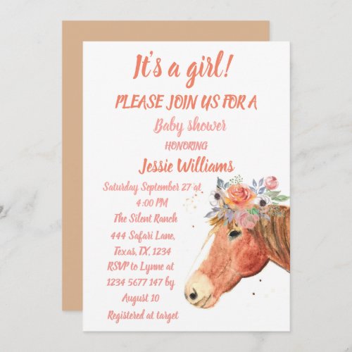 Cute Horse Boho Ranch Baby Girl Western Floral Invitation