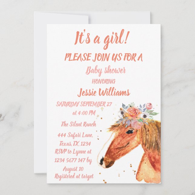 Cute Horse Boho Ranch Baby Girl Western Floral  Invitation (Front)