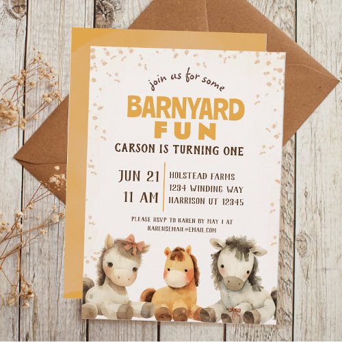 Cute Horse Farm Barnyard First Birthday Invitation