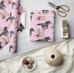 Cute Horse Flowers Glitter Birthday Wrapping Paper