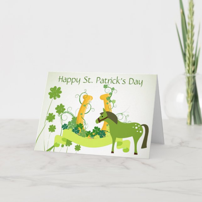 Cute Horse, Horseshoe n Clovers St. Patrick's Day Holiday Card (Front)