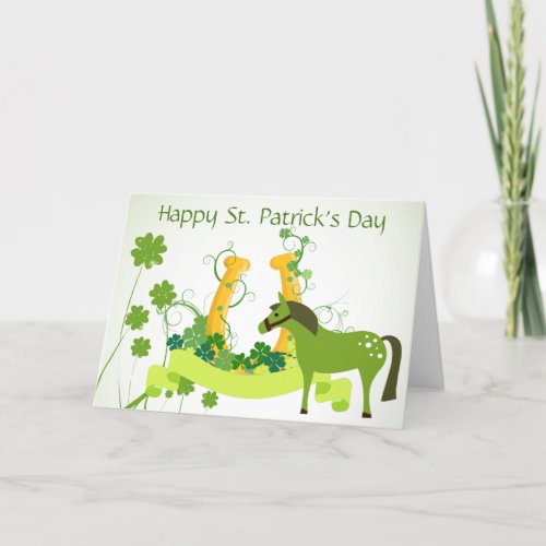 Cute Horse Horseshoe on Clovers St Patricks Day Holiday Card