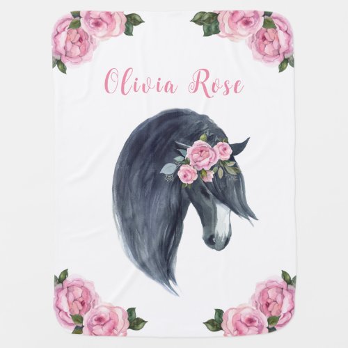 Cute Horse in Pink Floral Roses Monogram Baby Blanket