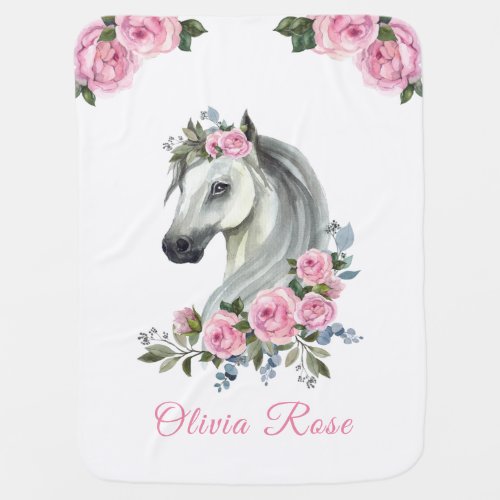 Cute Horse in Pink Floral Roses Monogram Baby Blanket