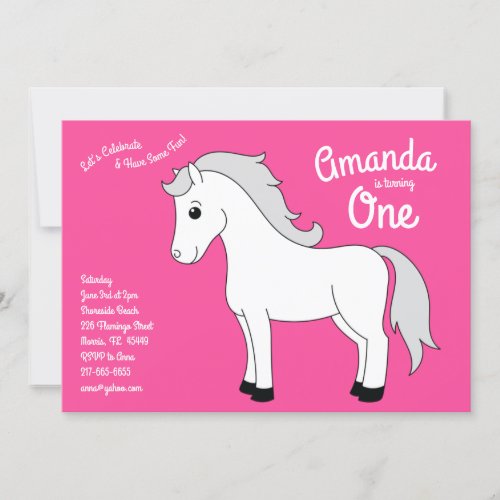 Cute Horse Kids 1st Birthday Party Pink Girls Invitation