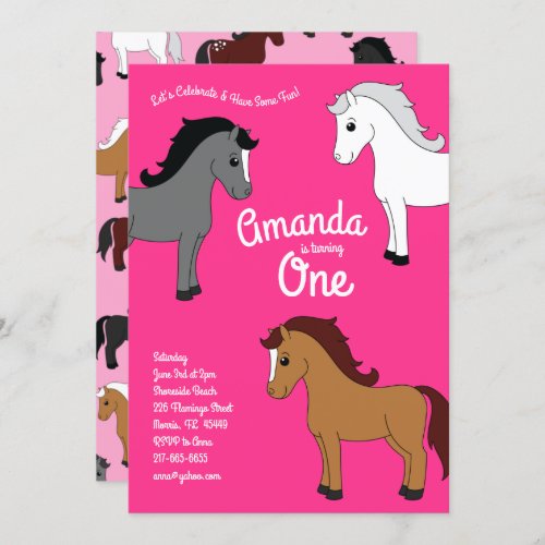 Cute Horse Kids 1st Birthday Party Pink Girls Invitation