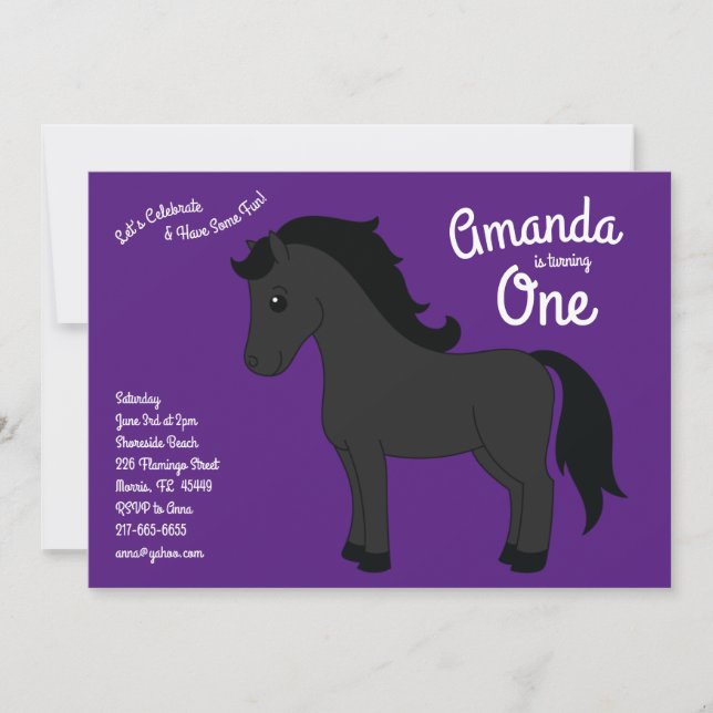 Cute Horse Kids 1st Birthday Party Purple Black Invitation (Front)