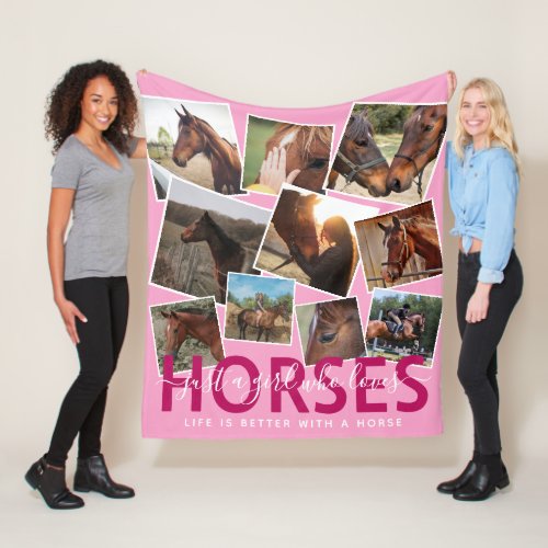 Cute Horse Lover Photo Collage Pink Fleece Blanket