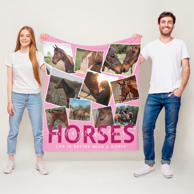 Cute Horse Lover Photo Collage Pink Fleece Blanket (In Situ)