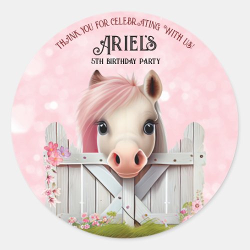 Cute Horse near Fence Birthday Party Personalized Classic Round Sticker