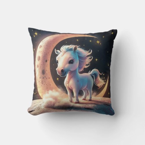 Cute Horse on Crescent Moon at Night Throw Pillow