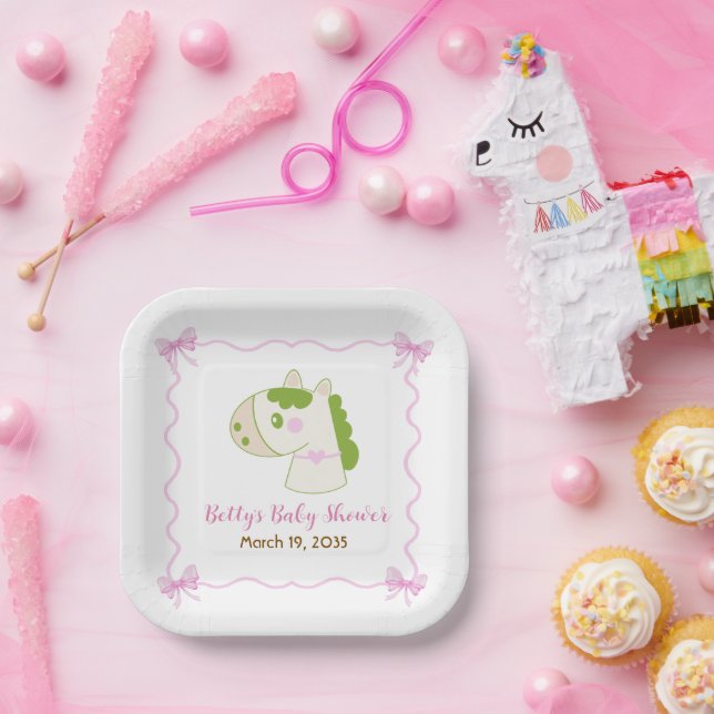 Cute Horse Pink Bow Personalized Girl Baby Shower  Paper Plates (Party)