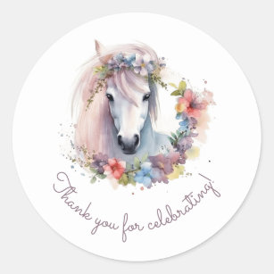 Cute Horse Pony Flowers Birthday Party Thank You Classic Round Sticker